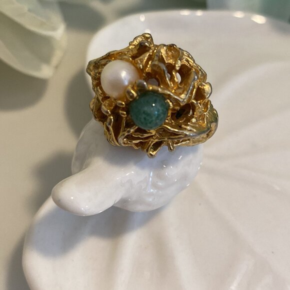 EDCO FAUX PEARL & JADE COCKTAIL RING - Picture 4 of 7